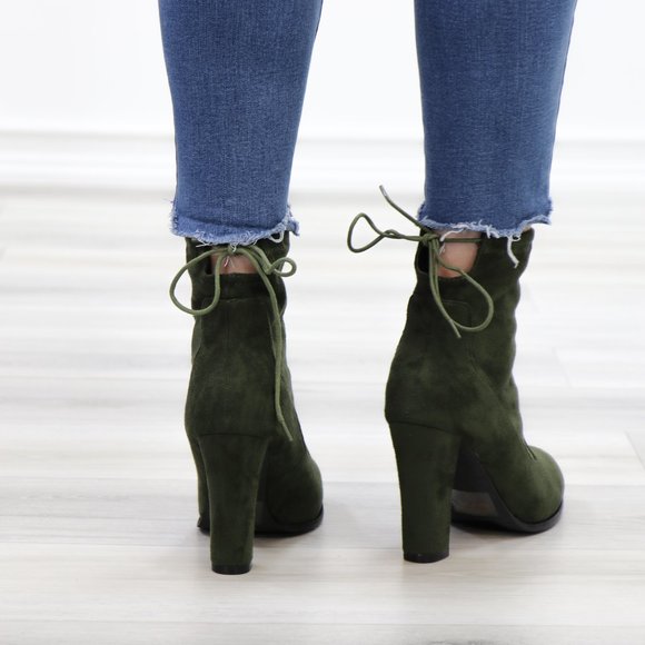 Round Toe Olive Suede Ankle Heeled Boots, Booties - Picture 10 of 13